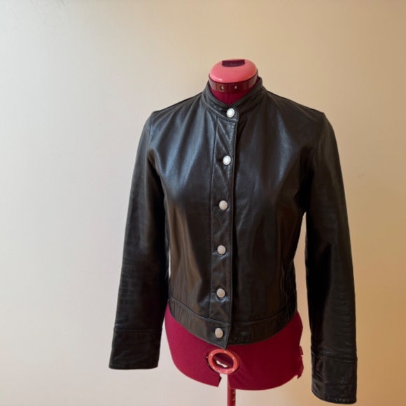 Vintage Banana Republic Women's Black Leather Jacket with Stand Up Collar - Picture 1 of 14